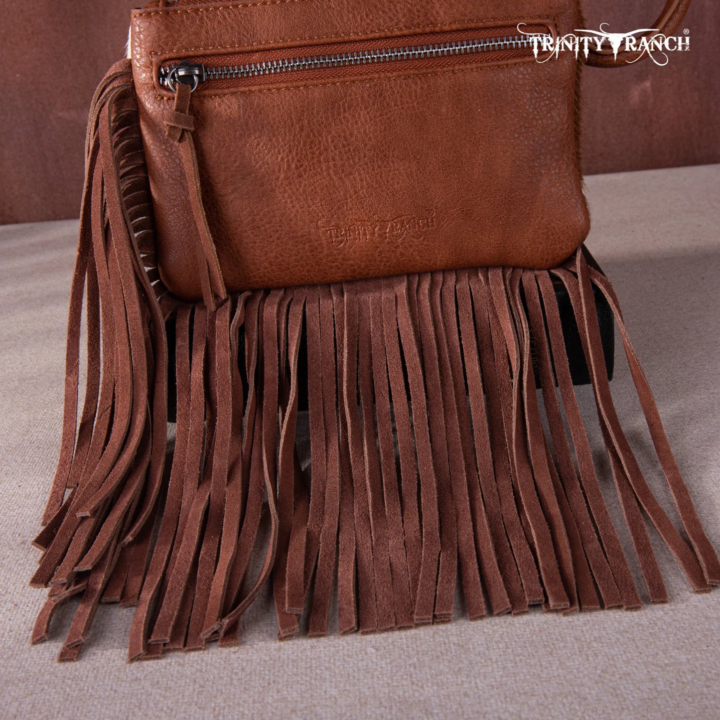 Trinity Ranch® Genuine Hair-On Cowhide Ring Handle Wristlet Clutch Bag Oak TR167-A181OAK