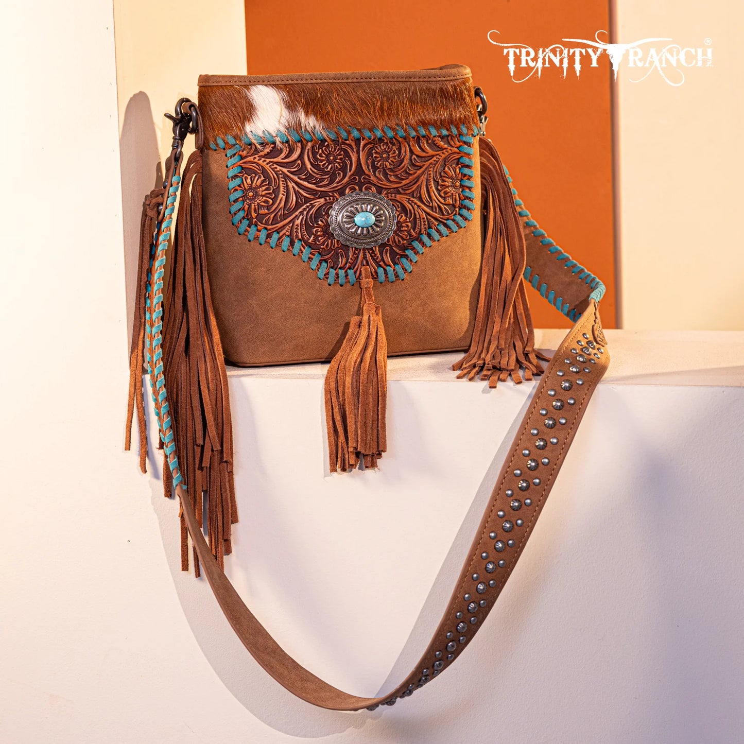 Trinity Ranch® Hair-On Cowhide Floral Tooled Concealed Carry Crossbody Bag - Brown TR177G-9360BR