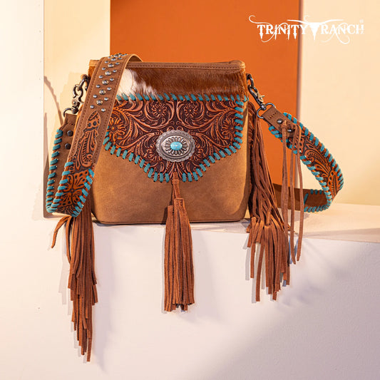 Trinity Ranch® Hair-On Cowhide Floral Tooled Concealed Carry Crossbody Bag - Brown TR177G-9360BR