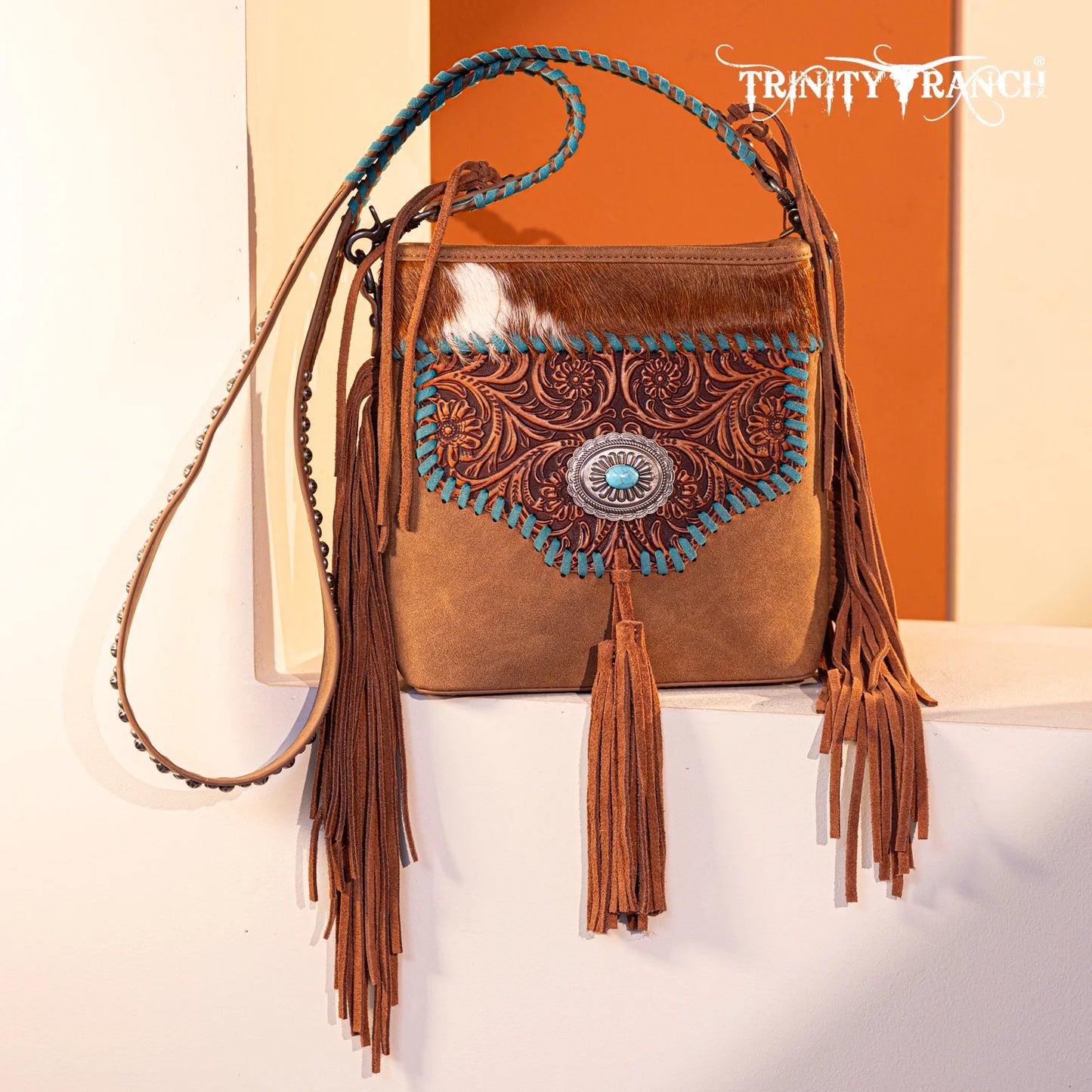 Trinity Ranch® Hair-On Cowhide Floral Tooled Concealed Carry Crossbody Bag - Brown TR177G-9360BR