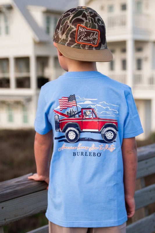 Burlebo® Kid's Tee America Knows How To Party - Heather Periwinkle Y-AKHTP-SS-HP